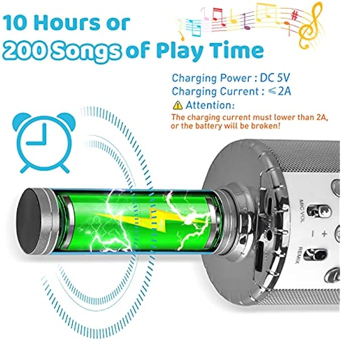 rayihni ميكروفون كاريوكي للأطفال مع أضواء LED، ميكروفون كاريوكي بلوتوث لاسلكي للغناء، ميكروفون محمول 4 في 1، آلة مكبر صوت محمولة، هدايا رائعة للأطفال والفتيات والفتيان والبالغين من جميع الأعمار (فضي) - Image 5